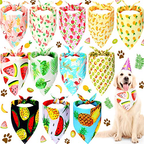 12 Pieces Dog Summer Bandanas Washable Fruit Dog Bandanas Triangle Flamingo Print Dog Bibs Scarf Assortment Pet Kerchief Dog Scarf Accessories for Small Medium Size Dog Large Cats