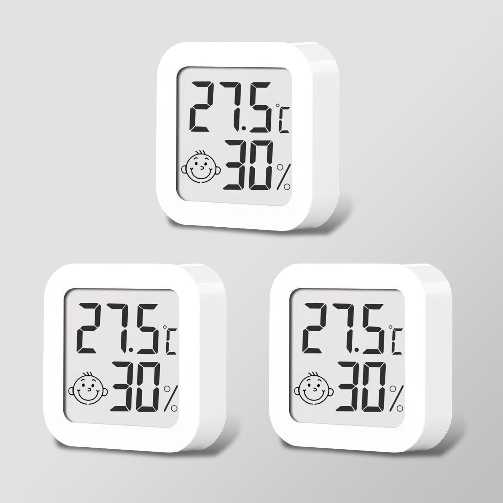 3 cyfrowe mini termometry z higrometrem, do wnętrz, z wskaźnikami uśmiechnięciem, do postawienia lub montażu na ścianie, salonu, biura (wilgotność i temperatura)