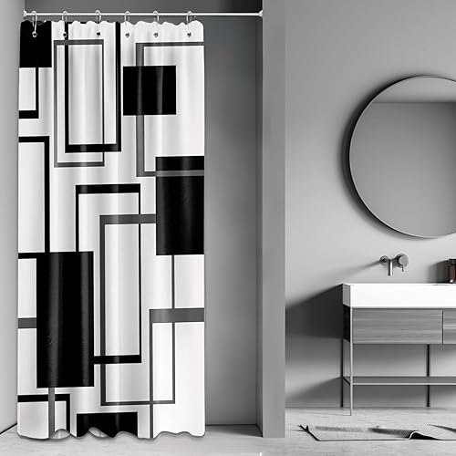 Miniatura 29 de Cortina de ducha geométrica en blanco y negro para decoración de baño de hombre, juego de cortinas de baño en blanco y negro, tela impermeable con