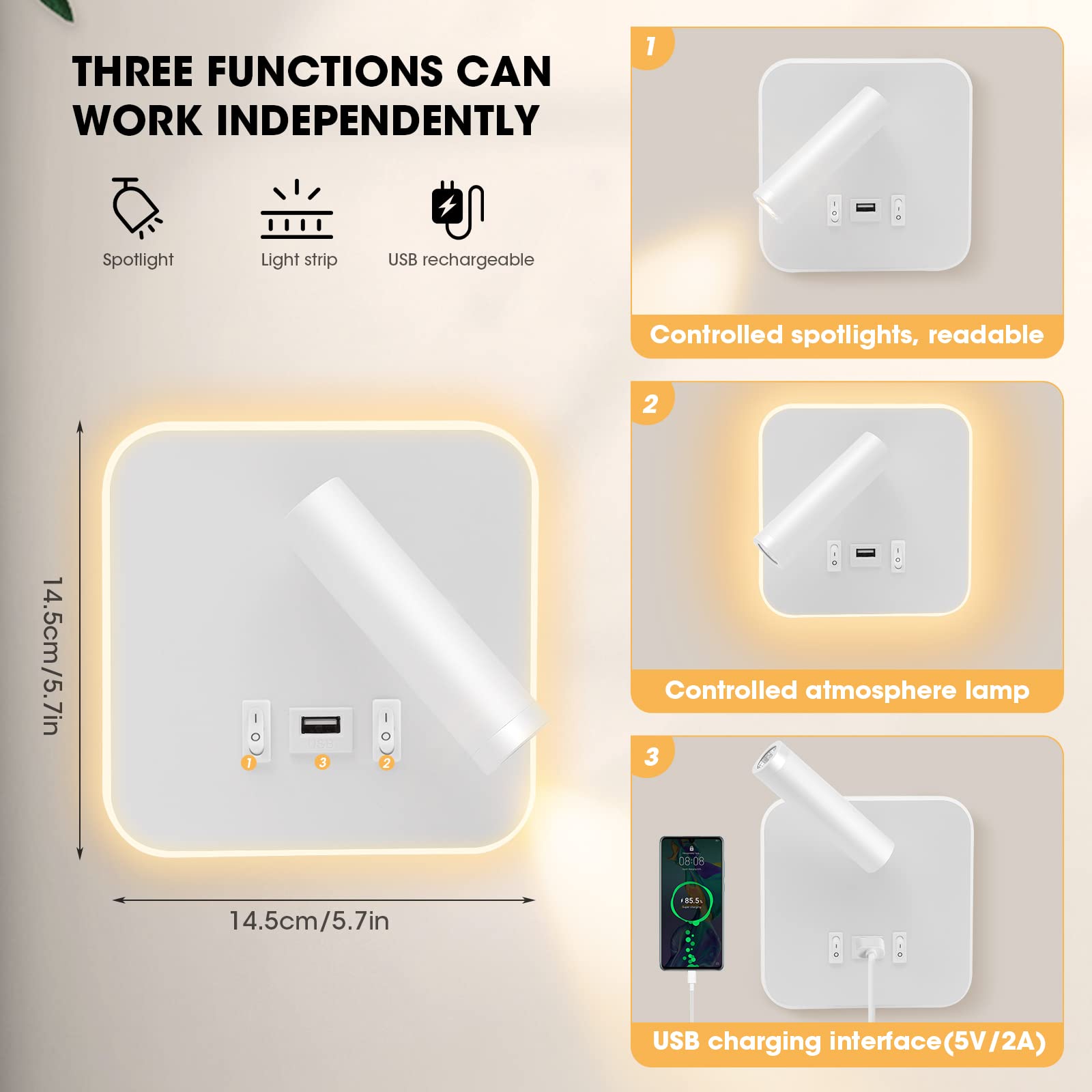 Lampada da parete a LED, lampada da lettura sul comodino, applique regolabile sul comodino, con porta di ricarica USB, applique da parete per corridoio(luce calda 3W + luce calda 9W)(Bianco 2pcs)
