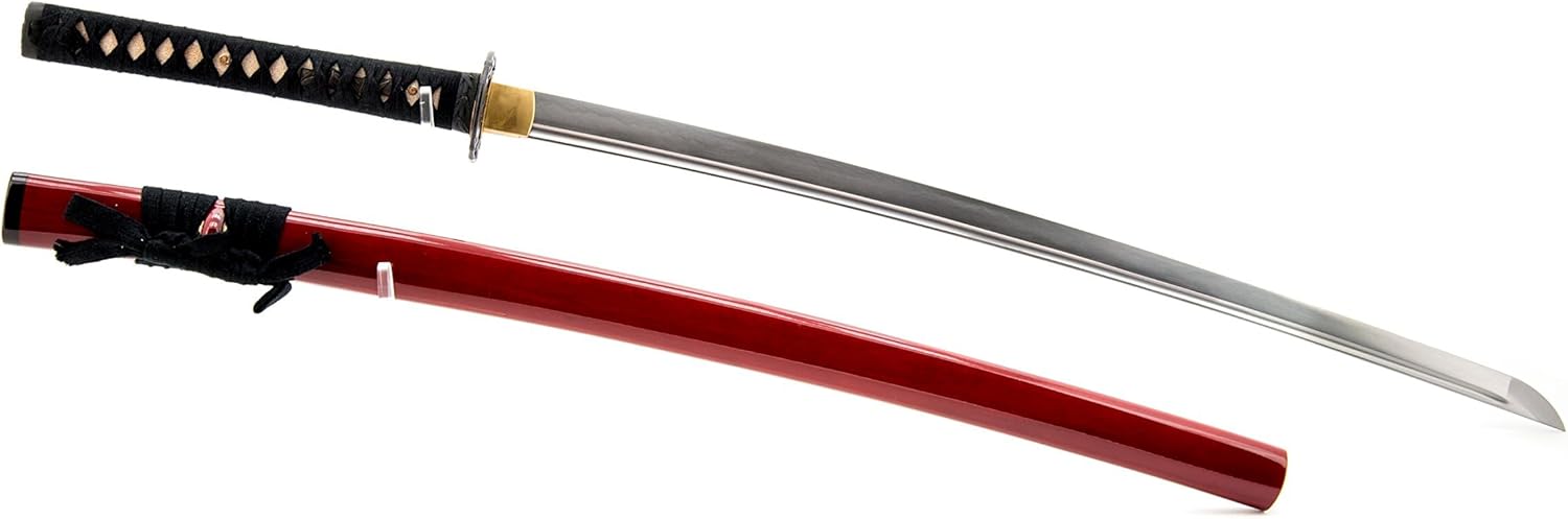 Handmade Sword - Fully Functional Japanese Samurai Katana Sword, Fully Hand Forged, Full Tang, 1045 Carbon Steel, Sharp, Heat Tempered, Bamboo Design Tsuba, Burgendy Scabbard