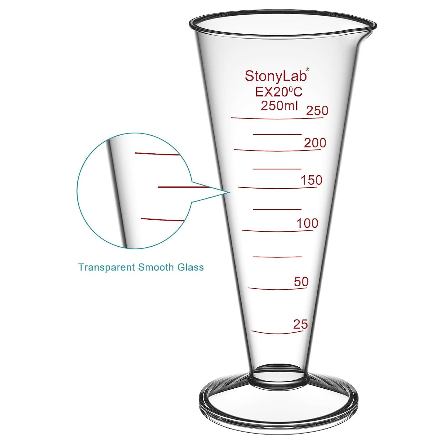 stonylab Graduated Cylinder, 1-Pack Borosilicate Glass Conical Measuring Cylinder Beaker with Wide Mouth and Pour Spout for Precise Measurement, 250 ml