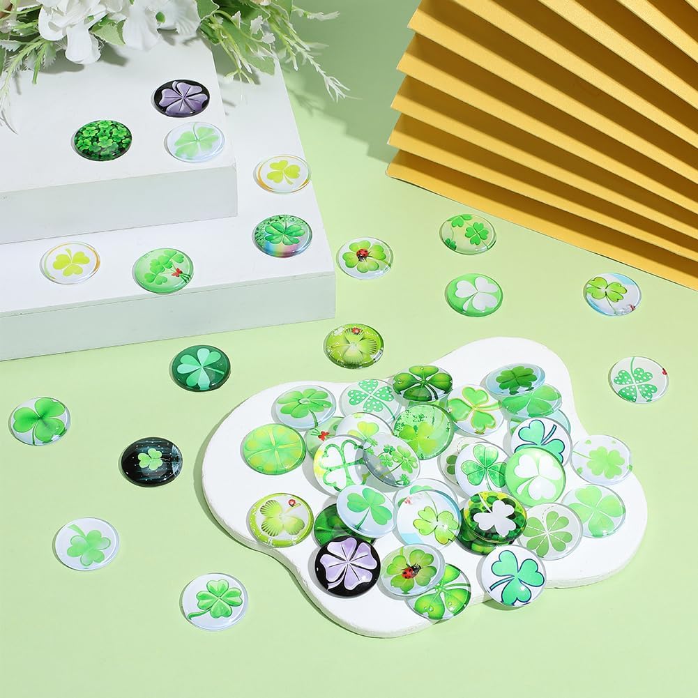 1 Box 50pcs 25mm Lucky Four-Leaf Clover Glass Cabochons St Patrick’s Day Green Clover Glass Stone Colourful Nuggets Charms for DIY Crafts Jewelry Making Home Decor Saint Patrick’s Day Gift