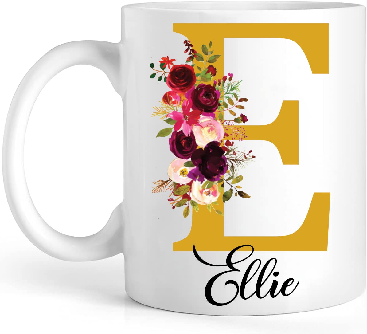 Personalised Floral Mug Stylish Initial with Name, Customised Gift for Valentine’s Day, Birthday, Christmas Day for Mom, Dad, Kids, Friends or Girls, 11oz Ceramic Coffee/Tea Cup (Gold)