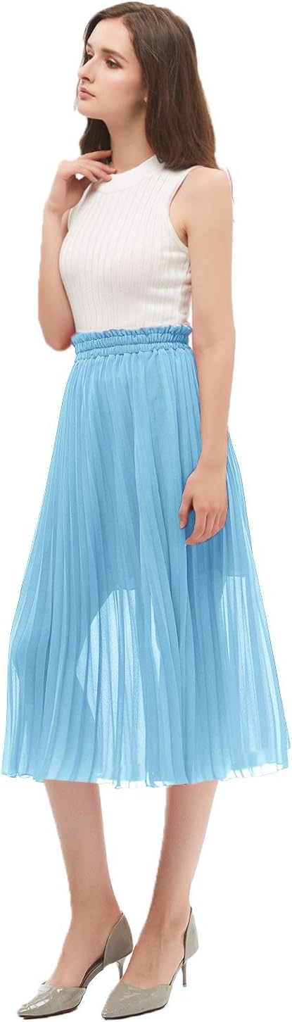 GOOBGS Women's Pleated A-Line High Waist Swing Flare Midi Skirt Medium Ice Blue