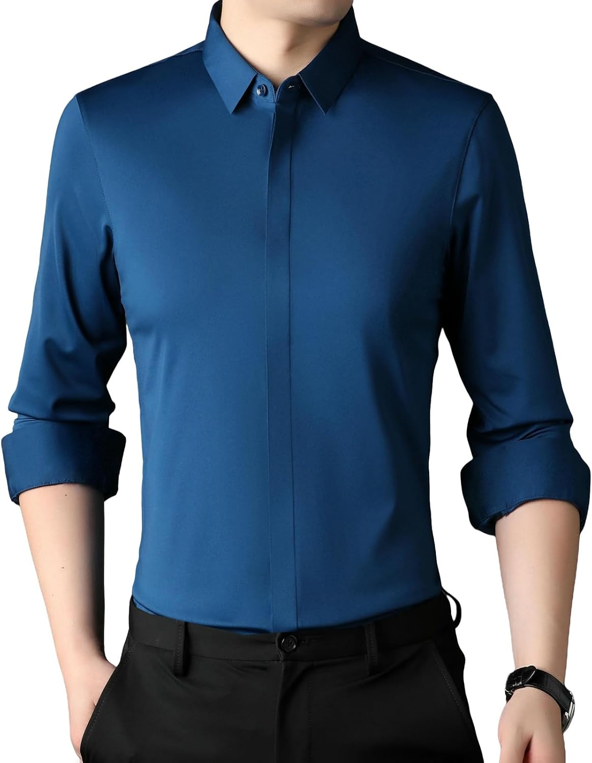 Men's Spring Casual Anti-Wrinkle Wrinkle-Free Hidden Placket Solid Color Seamless Long Sleeve Shirt