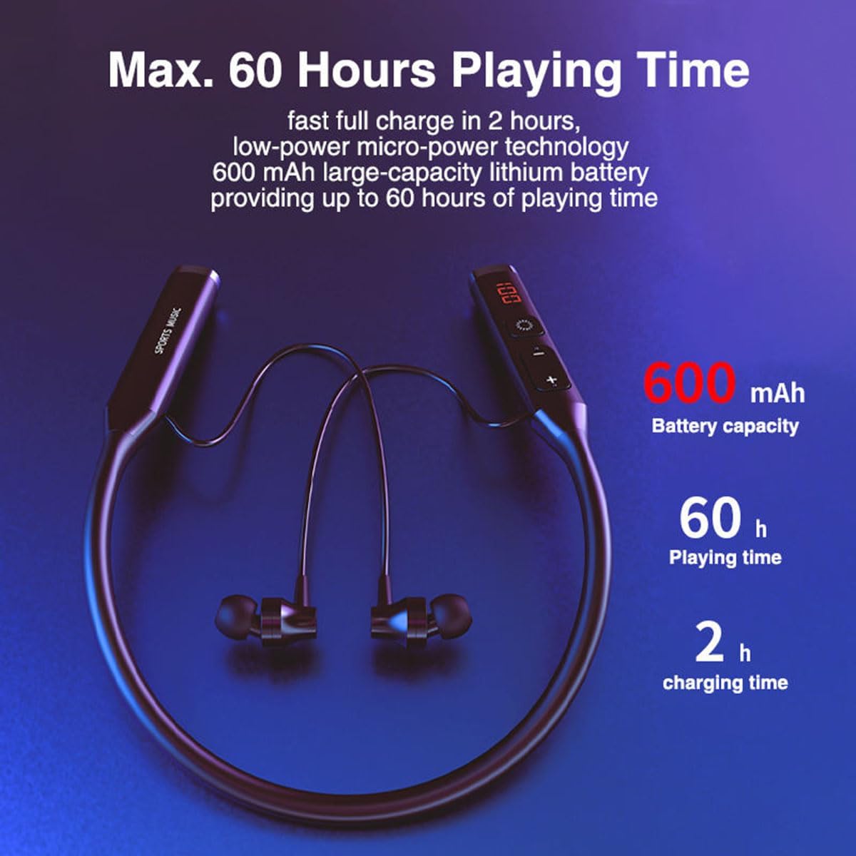 IKXO Bluetooth Headphones Wireless Earbuds,w/Mic in-Ear Magnetic Neckband Earphone,HiFi Stereo Deep Bass Noise Cancellation Headsets,60 Hours Playtime for Sports Music Phone Call,Black