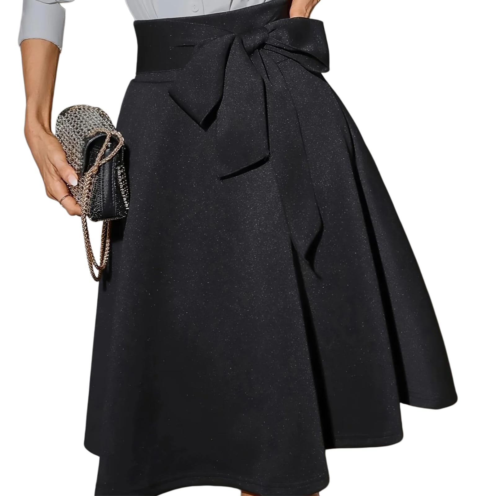 Robe midi noire plissée ceinturée en tricot stretch évasée pour femme