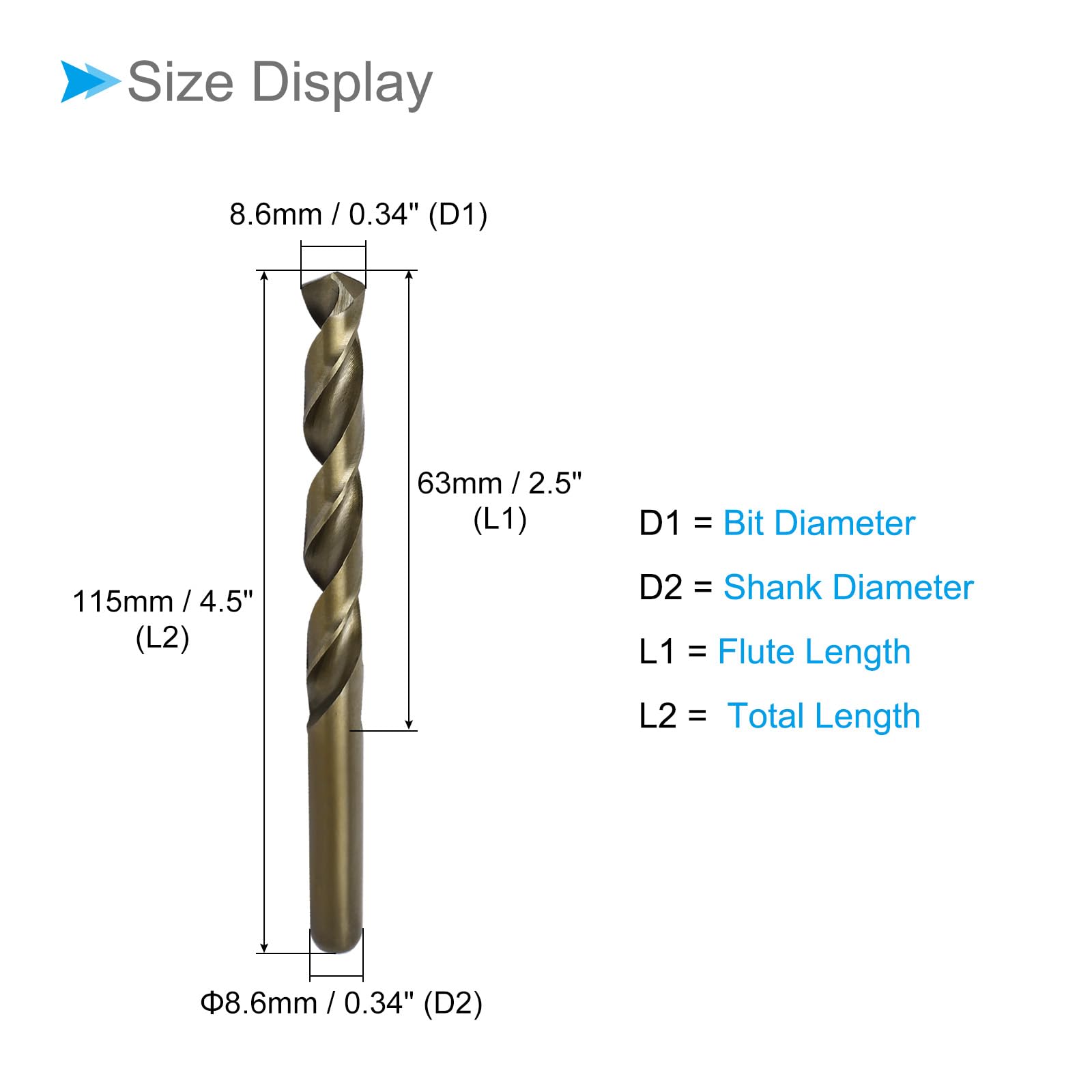 CoCud High Speed Steel Cobalt Twist Drill Bits, 8.6mm Diameter 115mm Length, Straight Twist Jobber Drill Bit - Image 2