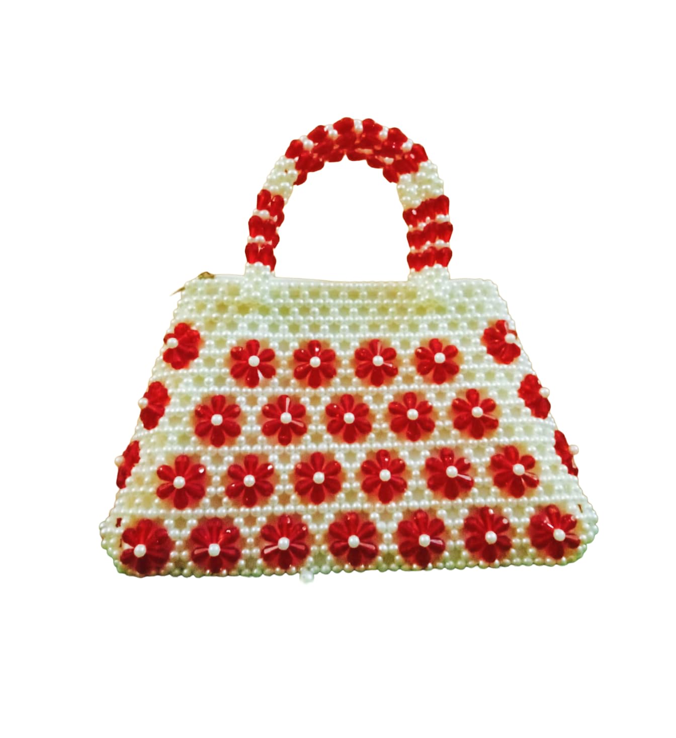r rosy Handmade Pearl Beaded Handbag with Red Floral Design, 26 x 9 x 16.5 cm, White and Red-picture-39