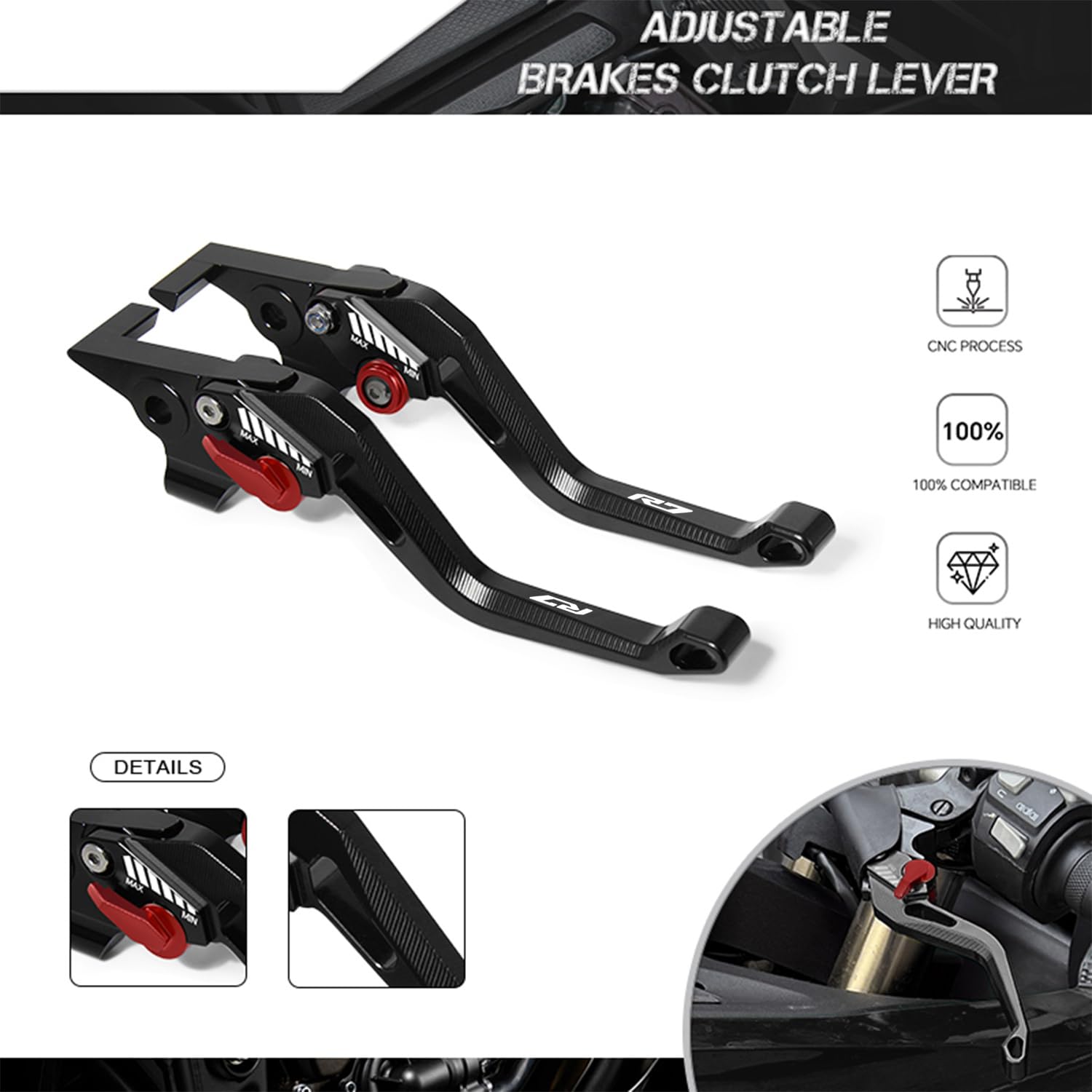 MFGZD Pour R7 CNC Moto Levier D'embrayage De Frein Court Réglable Pour Yamaha YZF-R7 2021-2024 Kit Levier d'Embrayage et Levier de Frein (Noir)