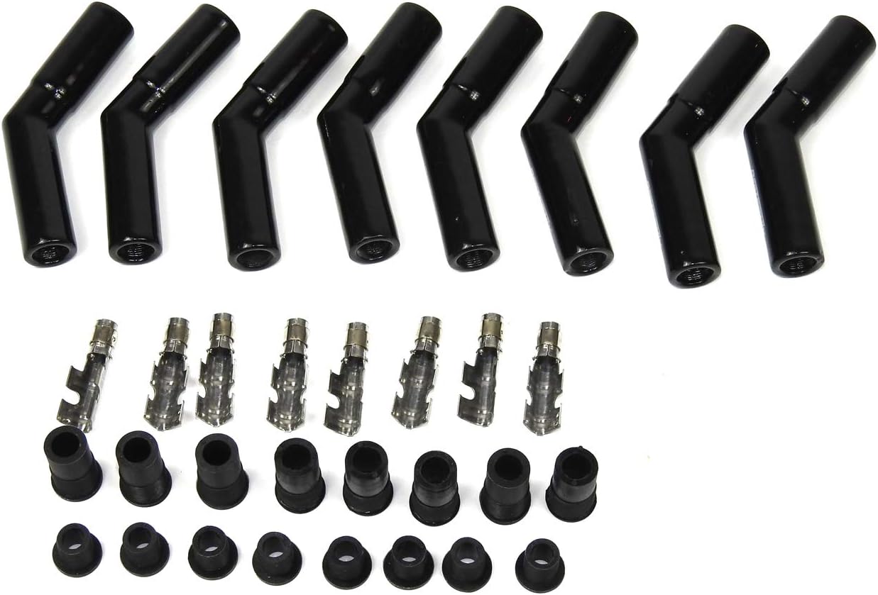Pertronix 8563HT-8 Black Ceramic Spark Plug 45 Degree Boot Set of 8 includes silicone plug and wire bushings, stainless steel spark plug terminals and high temp ceramic boots