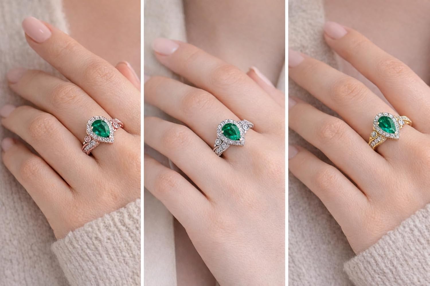 MauliJewels 1.35 Carat Pear Shape Emerald & Round Diamond Ring for Women in 10K Rose, White and Yellow Gold, Prong Setting Engagement Wedding Jewelry