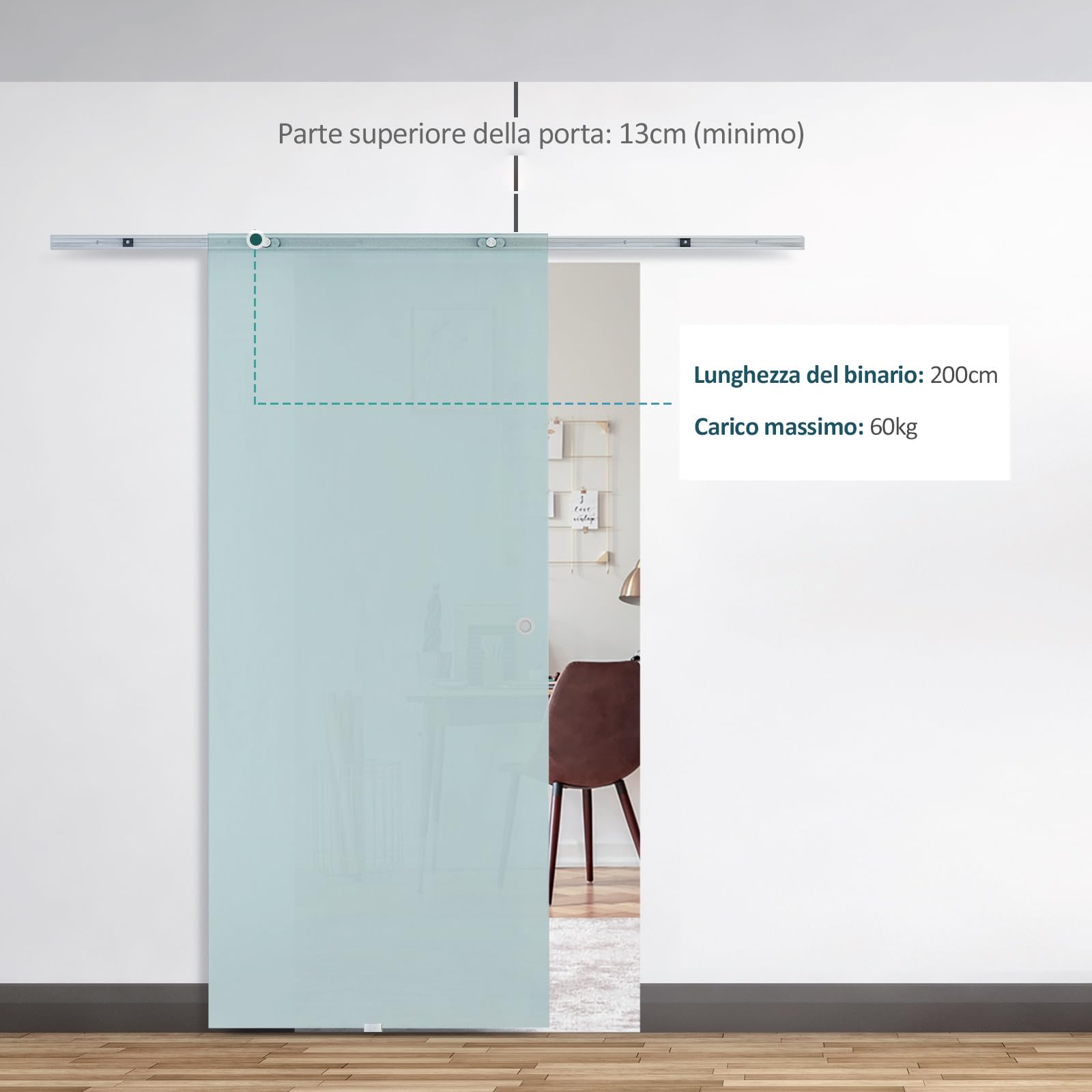 HOMCOM Porta Scorrevole in Vetro Smerigliato con Binario in Alluminio per Bagno Cucina Studio Vetro 205cm