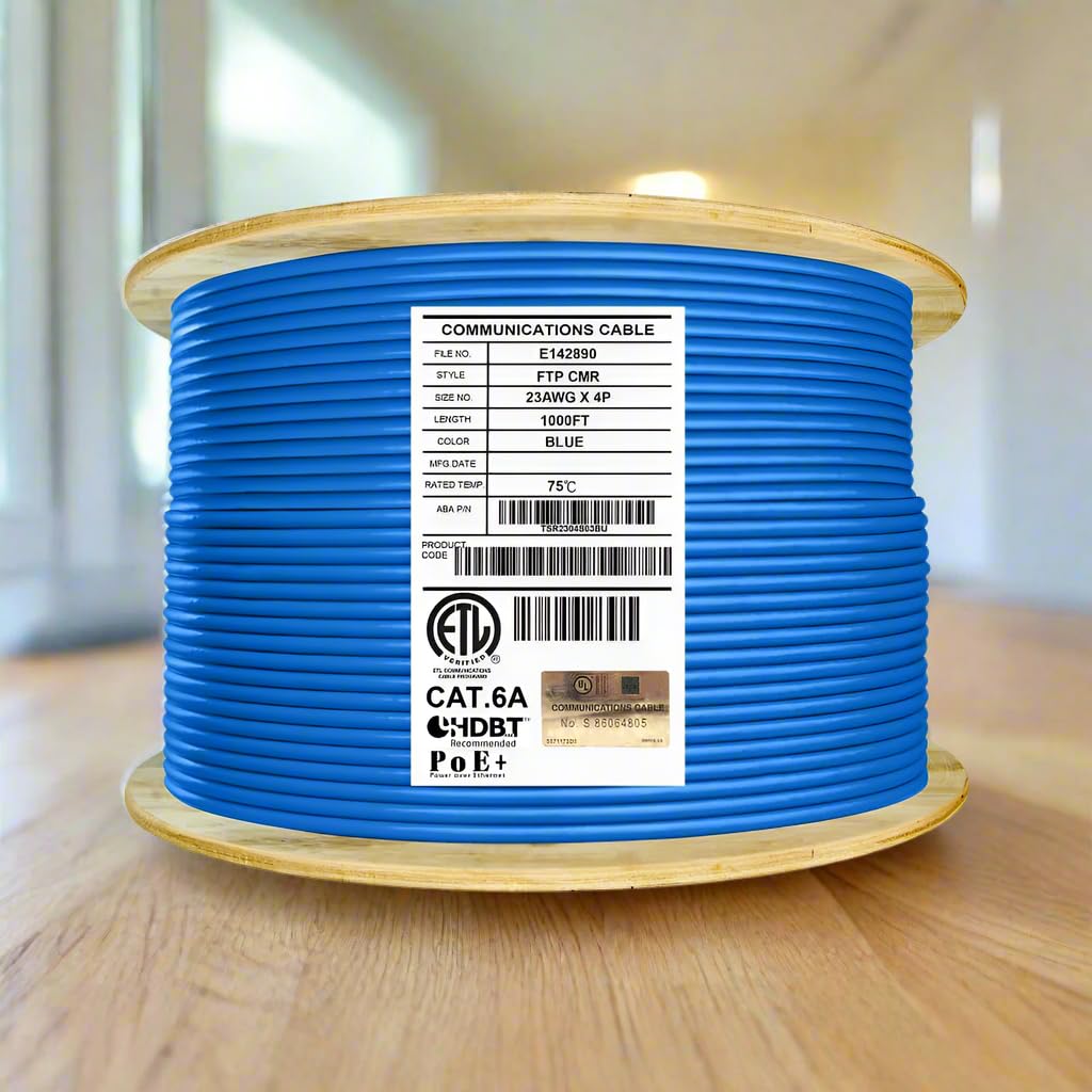 Elite Cat6A Shielded Riser (CMR), 1000ft, FTP 23AWG, Solid Bare Copper, 650MHz, 10Gb Speeds, UL Listed, UL-LP Certification, Higher Performance PoE, Bulk Ethernet Cable Reel, Blue