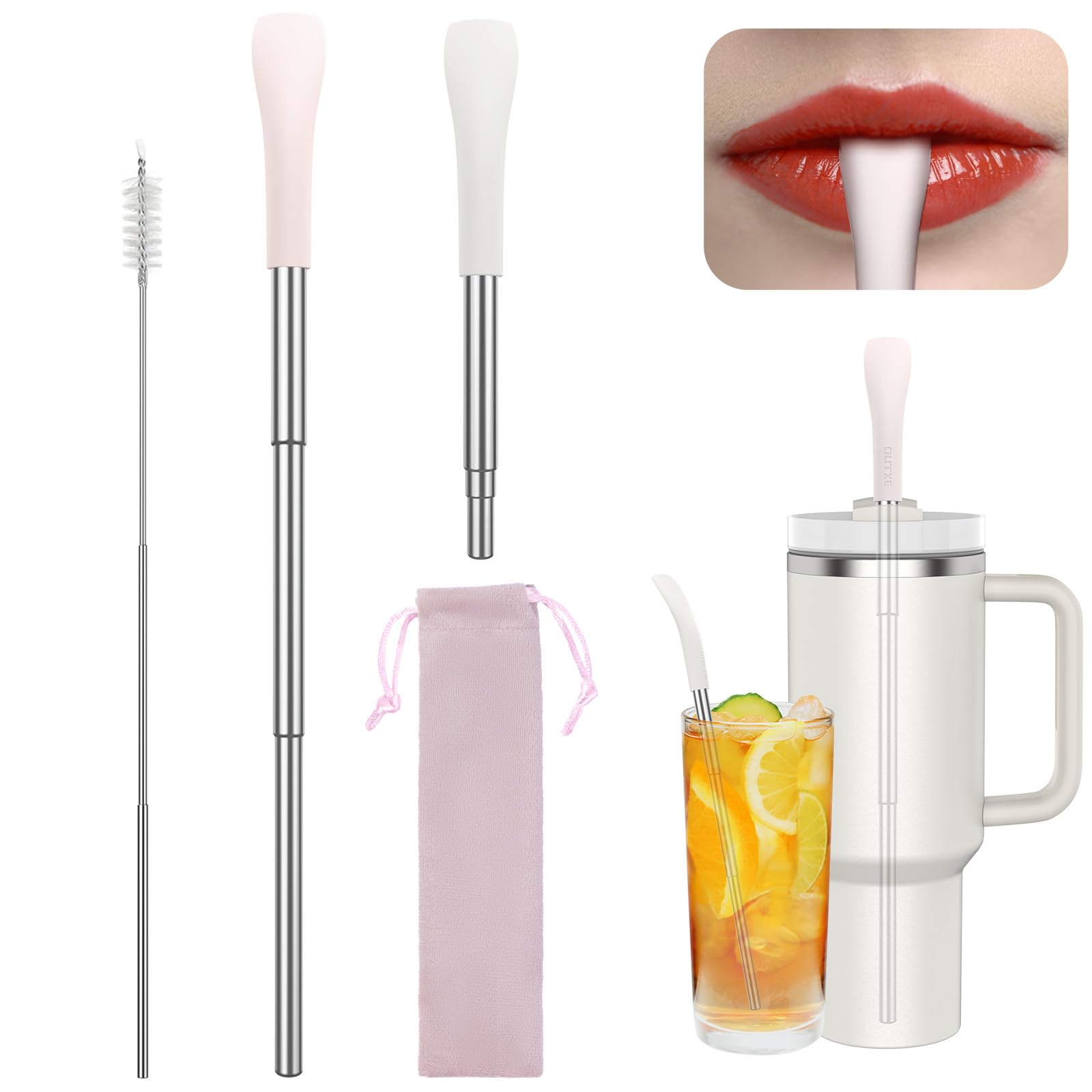 OUTXE Anti Wrinkle Collapsible Straws for Stanley, Flat Wide Portable Telescopic Travel Drinking Straw, Reusable Wrinkles Free Stainless Steel Straw