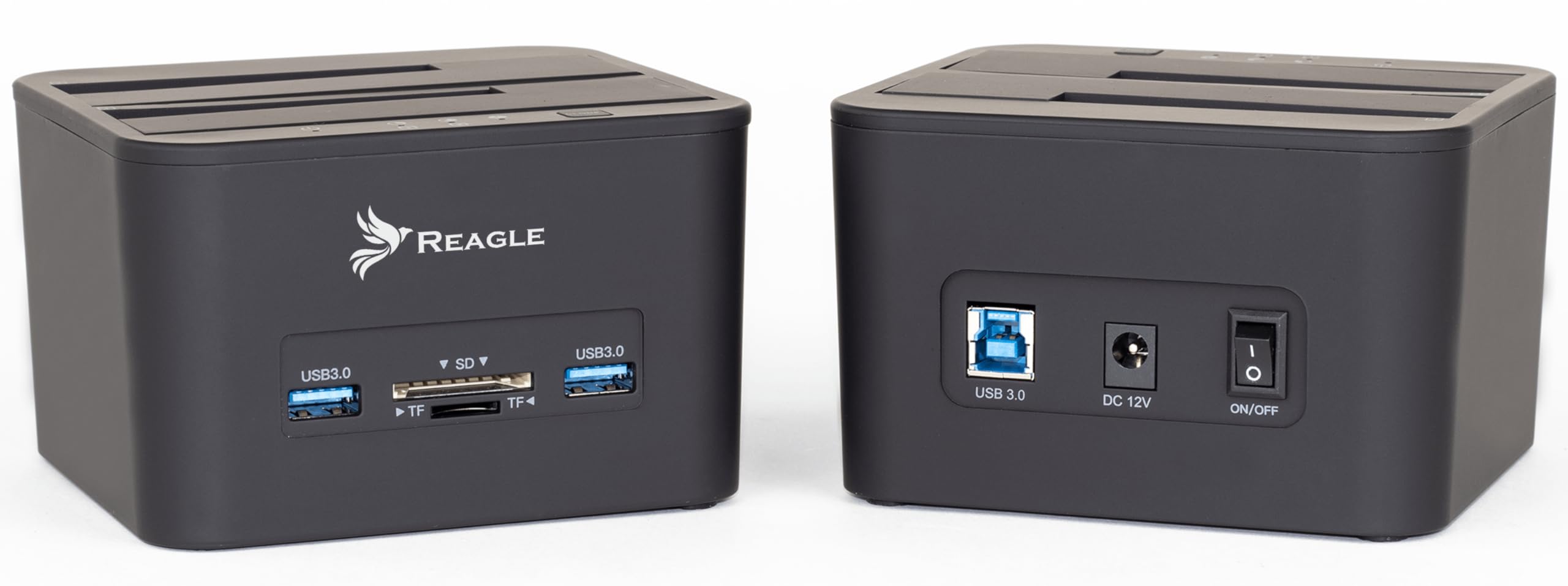 Reagle Dual Bay Stacja dokująca do HDD/SSD, obsługa 32 TB, USB 3.2 Gen 1, czytnik kart, klonowanie offline, kompatybilna z Windows/Mac