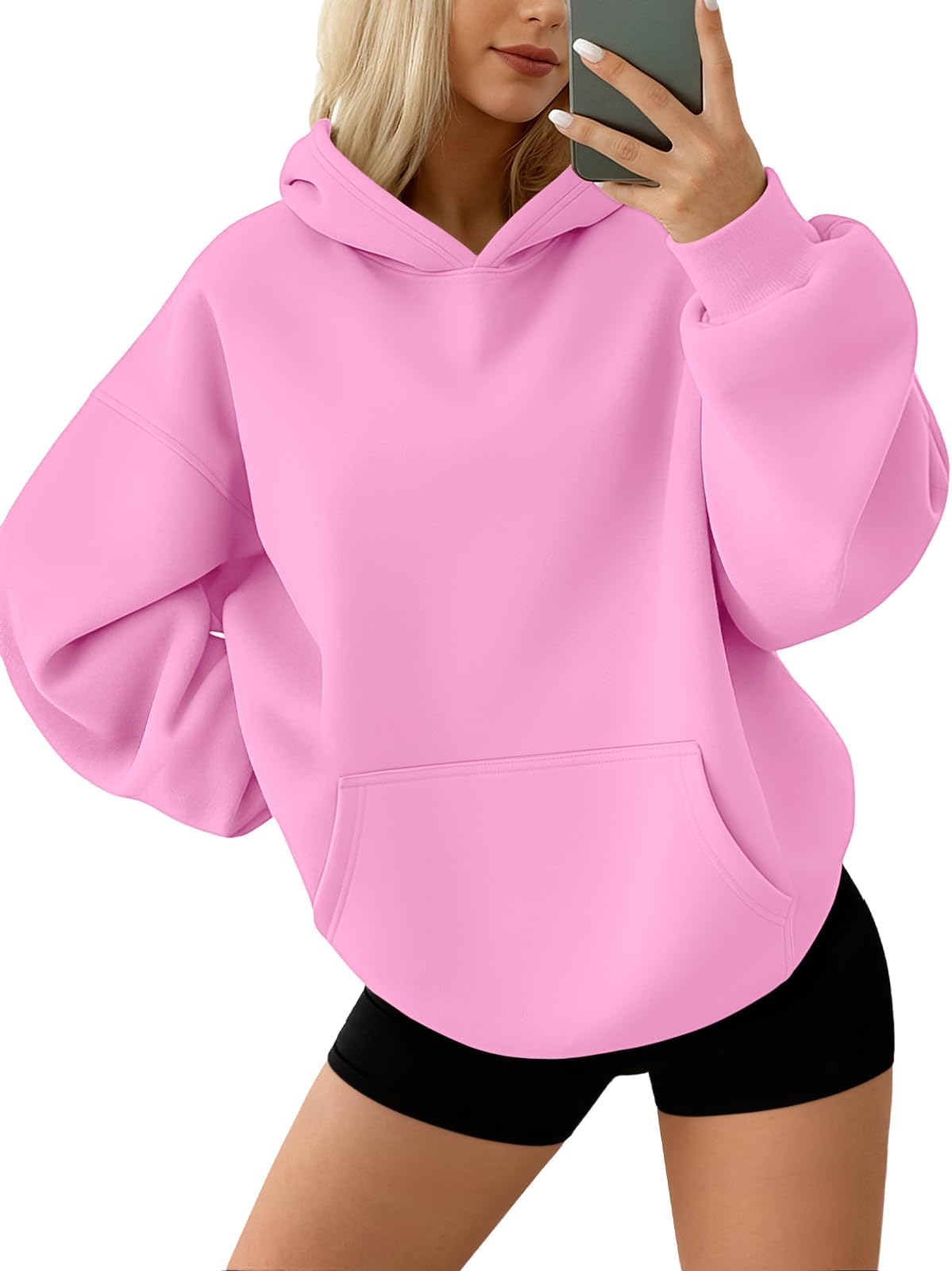 Womens Pullover Sweatshirts Cute Oversized Y2k Hoodies Fleece Long Sleeve Sweaters Loose Casual Pullover Fashion Fall Clothing 2023 with Pockets Pink, Pink, XL
