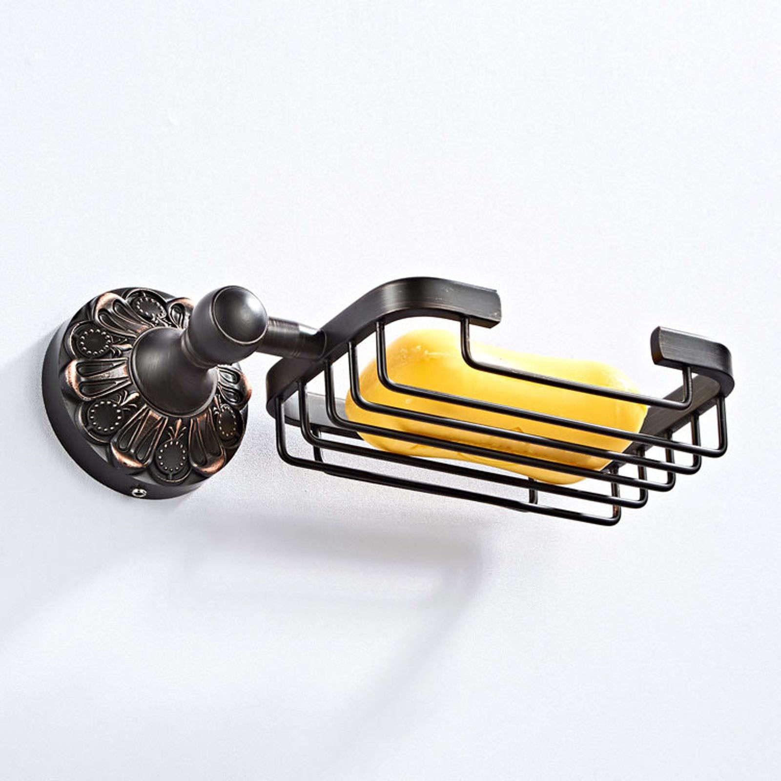 Jabonera de pared, jabonera, jabonera de latón antiguo europeo, jabonera negra mate for pared de ducha con decoración 3D, soporte de esponja montado en la pared, mantiene el jabón seco y drenaje rápid