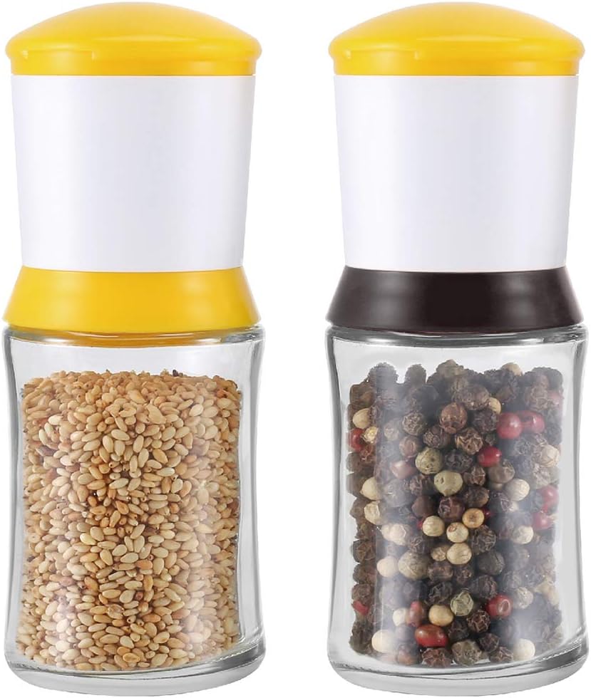 Vkchef ペッパーミル 褐色 リング ゴマ ミル イエロー リング 胡麻ミル 亜麻仁 あまに ごますり 胡椒 ミル 手動 岩塩 ミル 小さい ソルトミル おしゃれ セラミック ミル 粗さ調節 結晶塩 塩胡椒 コショウ 黒コショウ 山椒 粒塩 粒胡椒 グラインダー 2個セット