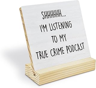 Funny Office Decor Sign,Desk Accessories,Cubicle Decor,Shh I Am Listening To My True Crime Podcast,Desktop Decoration for Home Bedroom Shelf,4x4 Inch Wood Plaque