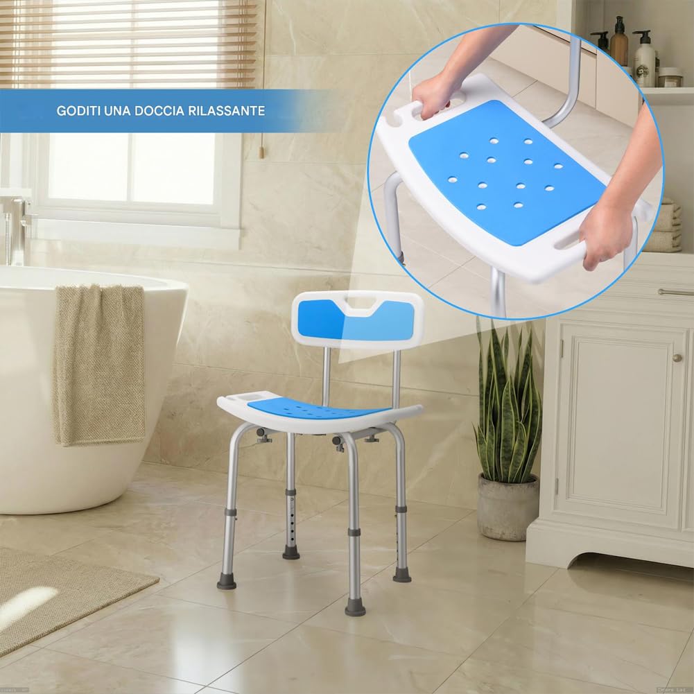 BAKAJI Taburete de ducha con respaldo para personas mayores, discapacitados y personas con movilidad reducida, estructura de aluminio antideslizante, silla orificios de drenaje y altura ajustable