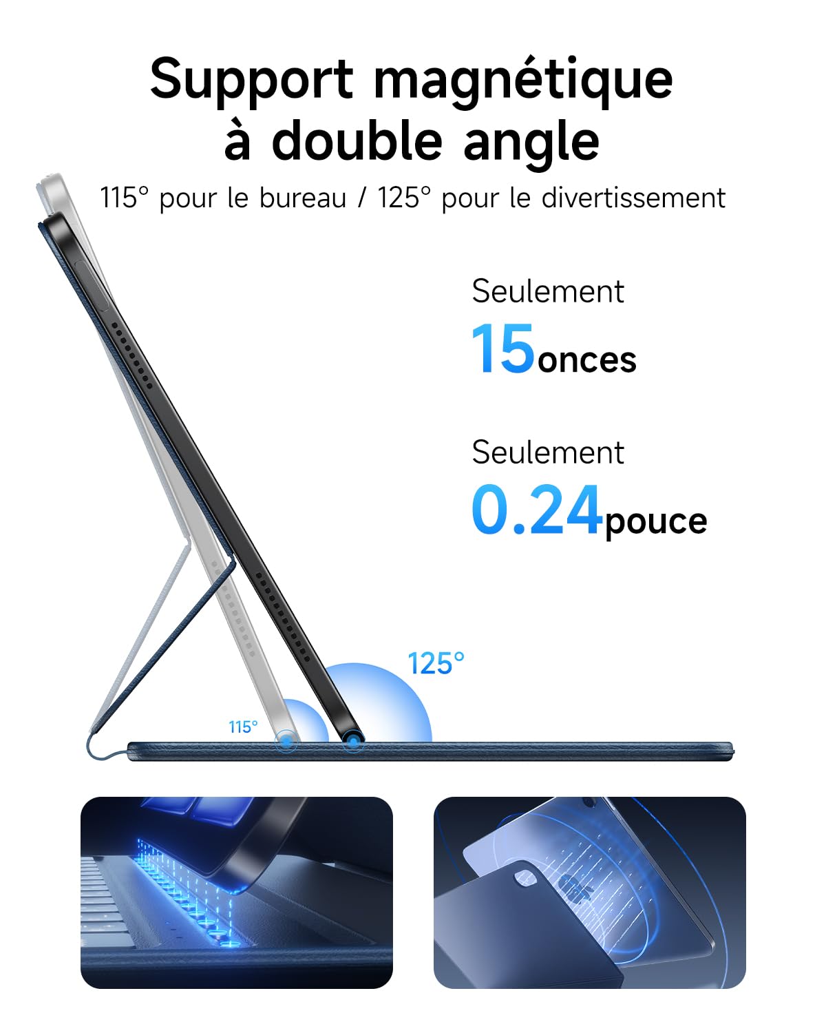 HOU Clavier pour iPad 10 EME génération & iPad 11eme génération A16 2025, Deux Angles de Soutien Réglables, Ergonomique, Qualité Supérieure Clavier AZERTY, en Similicuir, Slim and Portable,Bleu