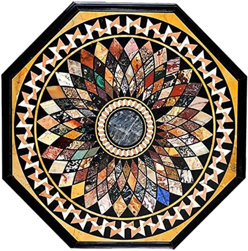 36" x 36" Full Inlay Coffee Table Top Black Marble Octagon Modern Geometrical Inlay Pattern Pietra Dura Home Decor Gift Center Table, Patio Table, Side Table, Piece Of Conversation, Family HeirLoom