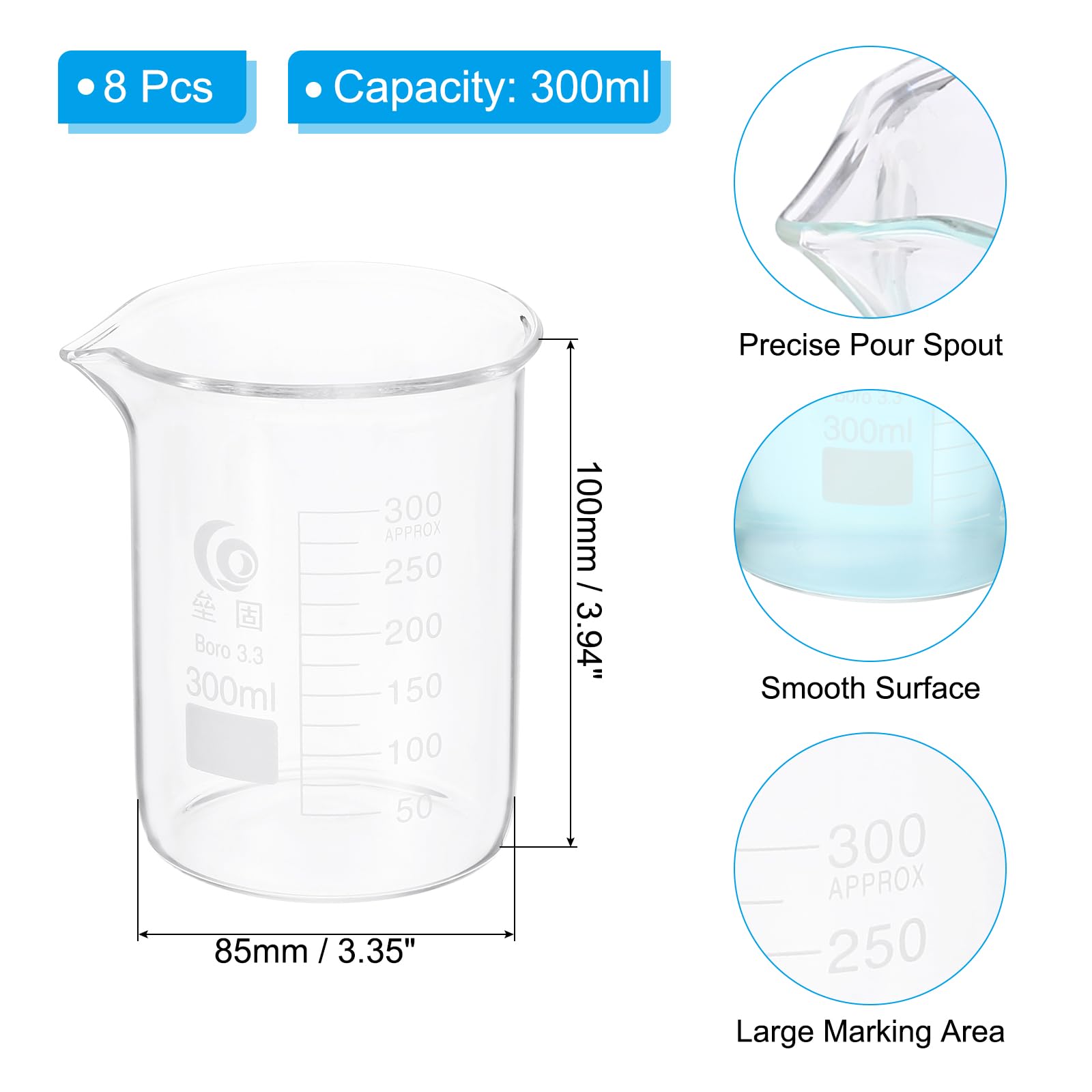 PATIKIL 300ml Becher Bas En Verre, 8Pcs 3.3 Bechers En Verre Borosilicate Gradués Avec Bec Verseur Pour Expérience De Laboratoire, Cuisine Et Pâtisserie, Transparent