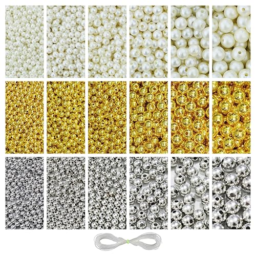 Image of 1800 Pcs Off White + Pcs 1800 Silver + 1800 Pcs Golden Pearl Beads for Jewellery Making Kit - Beads for Bracelet Making Kit - Pearls for Craft - Plastic - Sizes 4, 5, 6, 8, 10, 12mm - 540g