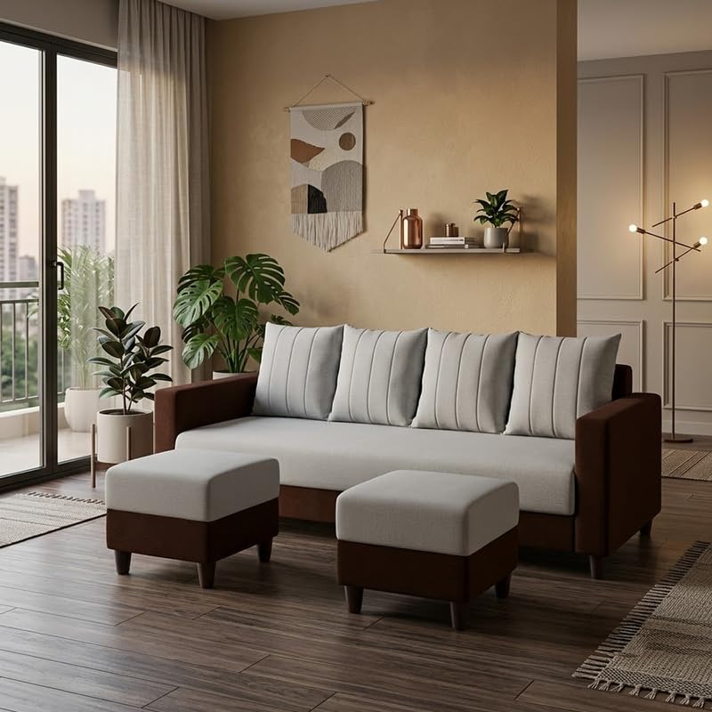 Image of STRIKON Plush 6 Seater L Shape Sofa Set with 2 Movable Ottoman | Flexible Layout |Silken Velvet Suede | Designer Sofa for Living Rooms & Office Spaces (Light Grey & Dark Brown)