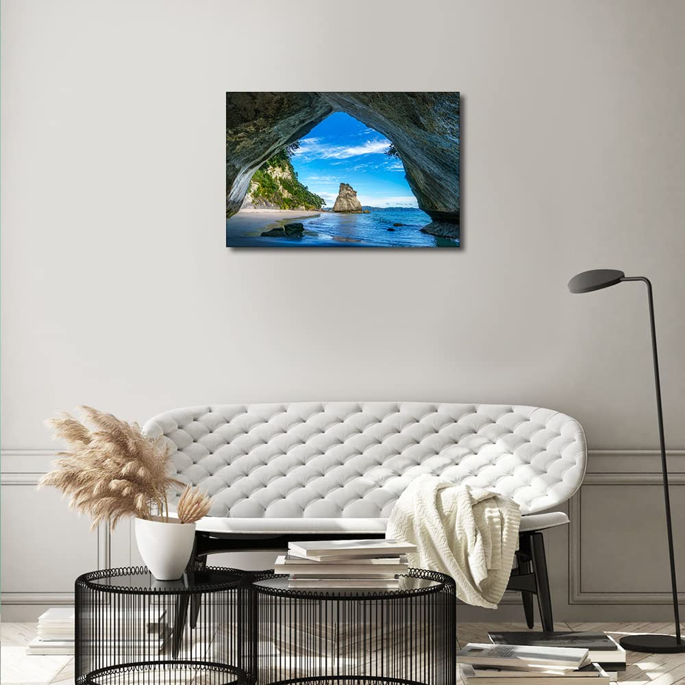 Canvas Wall Art Cave at Cathedral Cove Coromandel Coromandel Painting Canvas Artwork Sea Nature Picture for Home Office Wall Decor Framed Ready to Hang 16x24inch - Image 2