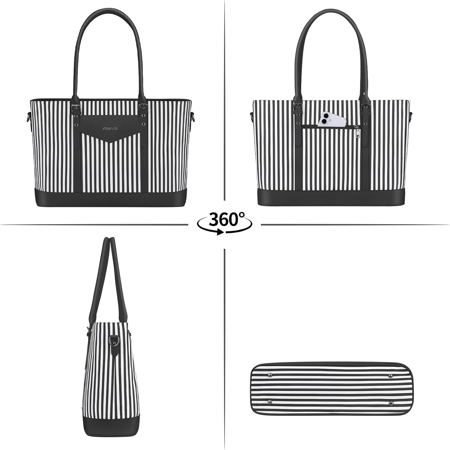 MOSISO Laptop Tote Bag for Women Waterproof Vertical Stripe PU Leather Computer Bag for Business Office Work Teacher College