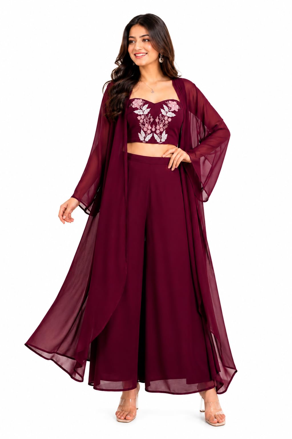 Women’s Maroon Floral Embroidered 3-Piece Ethnic Co-Ord Set with Sheer Shrug-picture-42