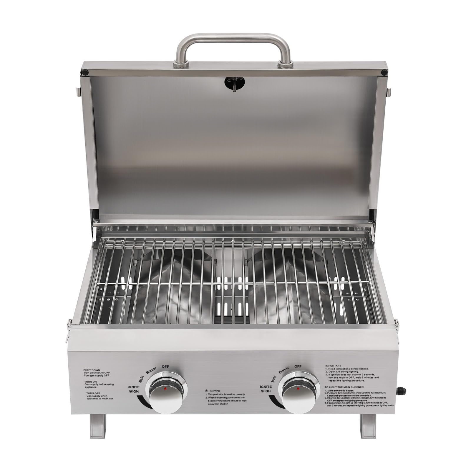 Barbecue à gaz de table en acier inoxydable - 2 brûleurs - Portable - Avec thermomètre - Pour barbecue, balcon, camping, extérieur