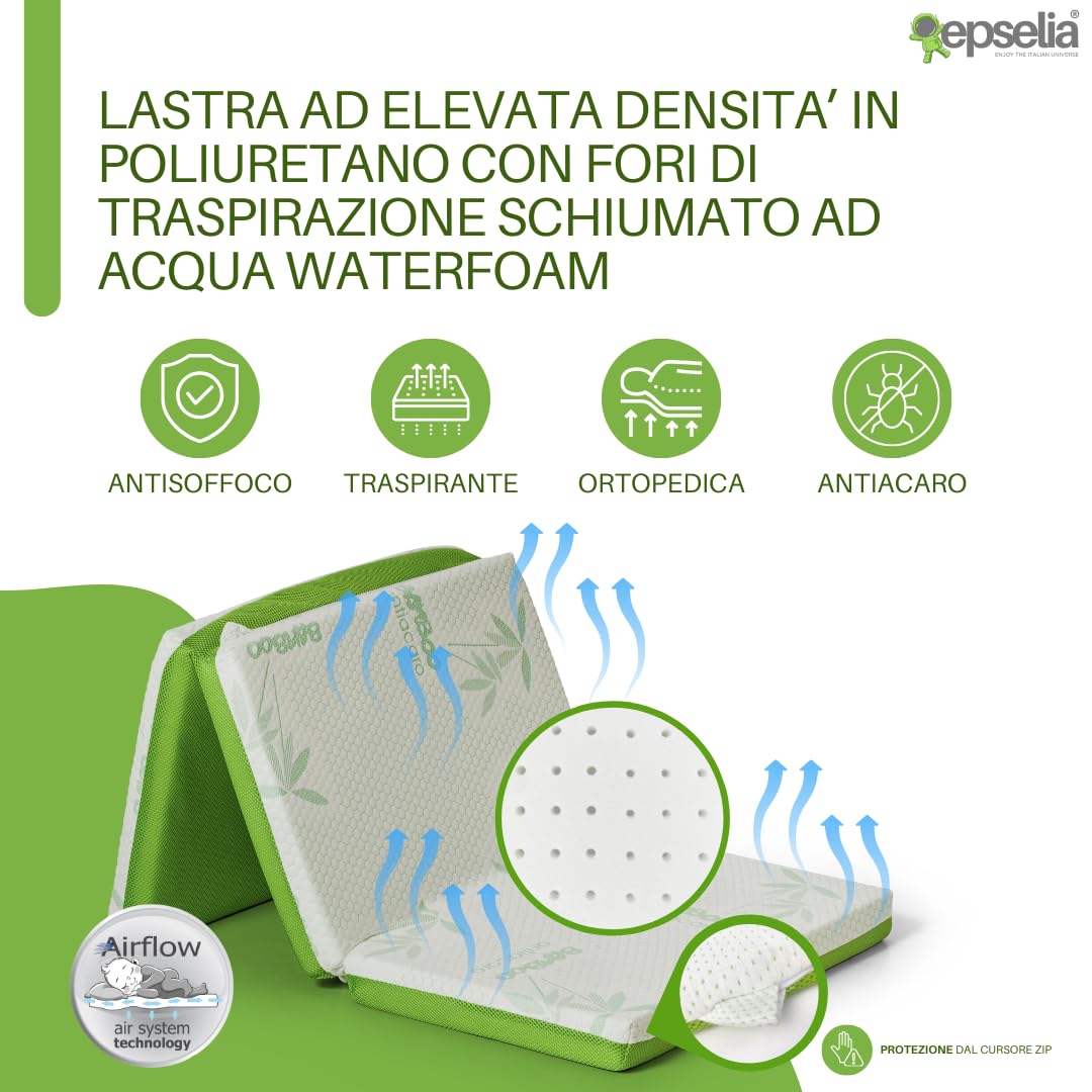 EPSELIA Materasso Lettino per Bambini Pieghevole BAMBU' BIO con Borsa per Viaggio o Campeggio, cm 60x120 H6 Certificato Antisoffoco EN16890:2017 Poliuretano con Fori CertiPUR™ OEKO-TEX®