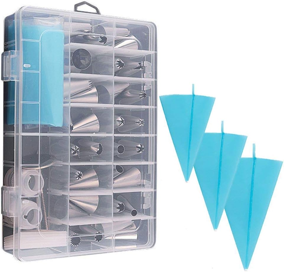 CRIVERS 39PCS Tube with Storage case.Include Tips, Large Piping nozzles, couplers, Silicone Pastry Bags, Flower Nails, Icing Smoother, Stainless Steel, 2