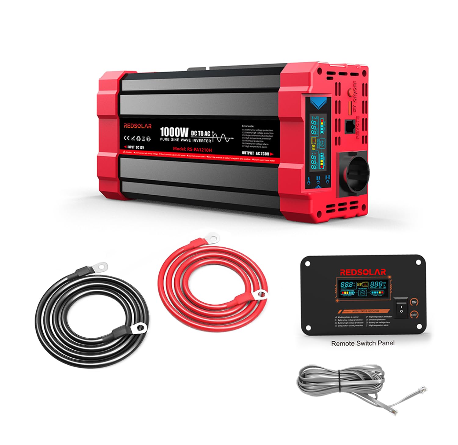REDSOLAR Inverter Onda Sinusoidale Pura 1000W Picco 2000W Convertitore 12V DC a 220V 230V AC con Display LCD Porta USB Presa EU Pannello Remoto