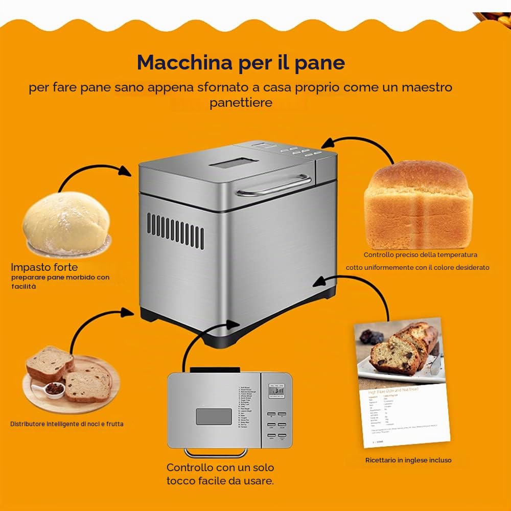 Macchina per il pane (macchina per il pane, 650 Watt, 19 programmi di cottura, 1000 g, macchina per il pane automatica con vassoio per il pane+misurazione+misurino+misurino+gancio+erogatore)