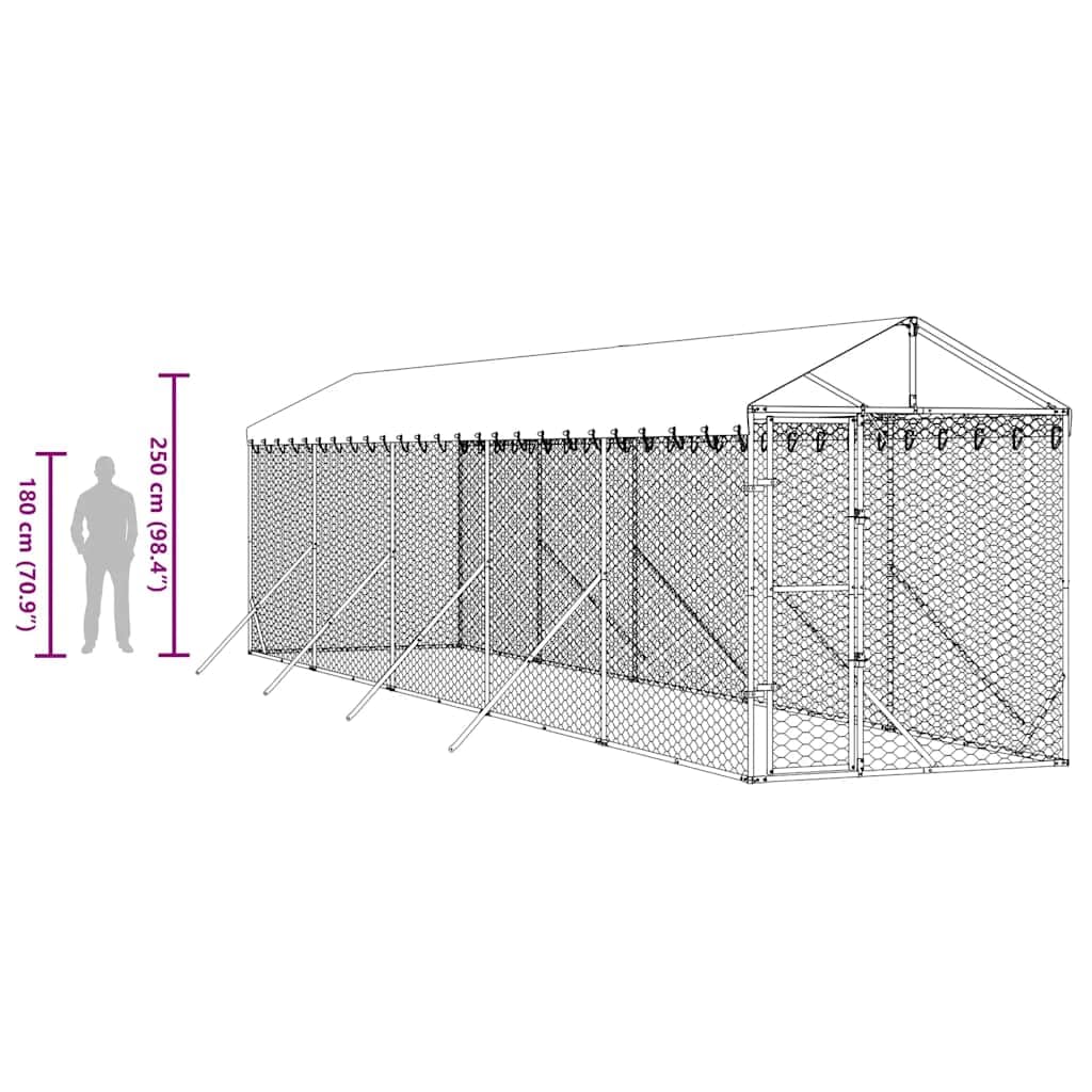 Perrera para perros con techo de acero galvanizado plateado, 2 x 10 x 2,5 m, resistente a la intemperie, plegable, con puerta con cierre, ideal para cachorros, jardín, camping, terraza y