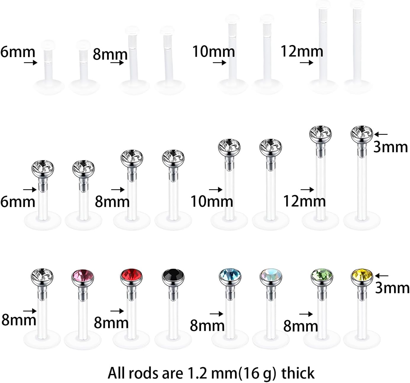 Piercing Retainers 24 Pcs Clear Lip Studs Nose Piercings Ear Bar Plastic Tragus Retainer Invisible Labret Stud 1.2 mm(16 g) 6 8 10 12 MM with Colorful Zircon for Work Sports Aretes Para La Nariz