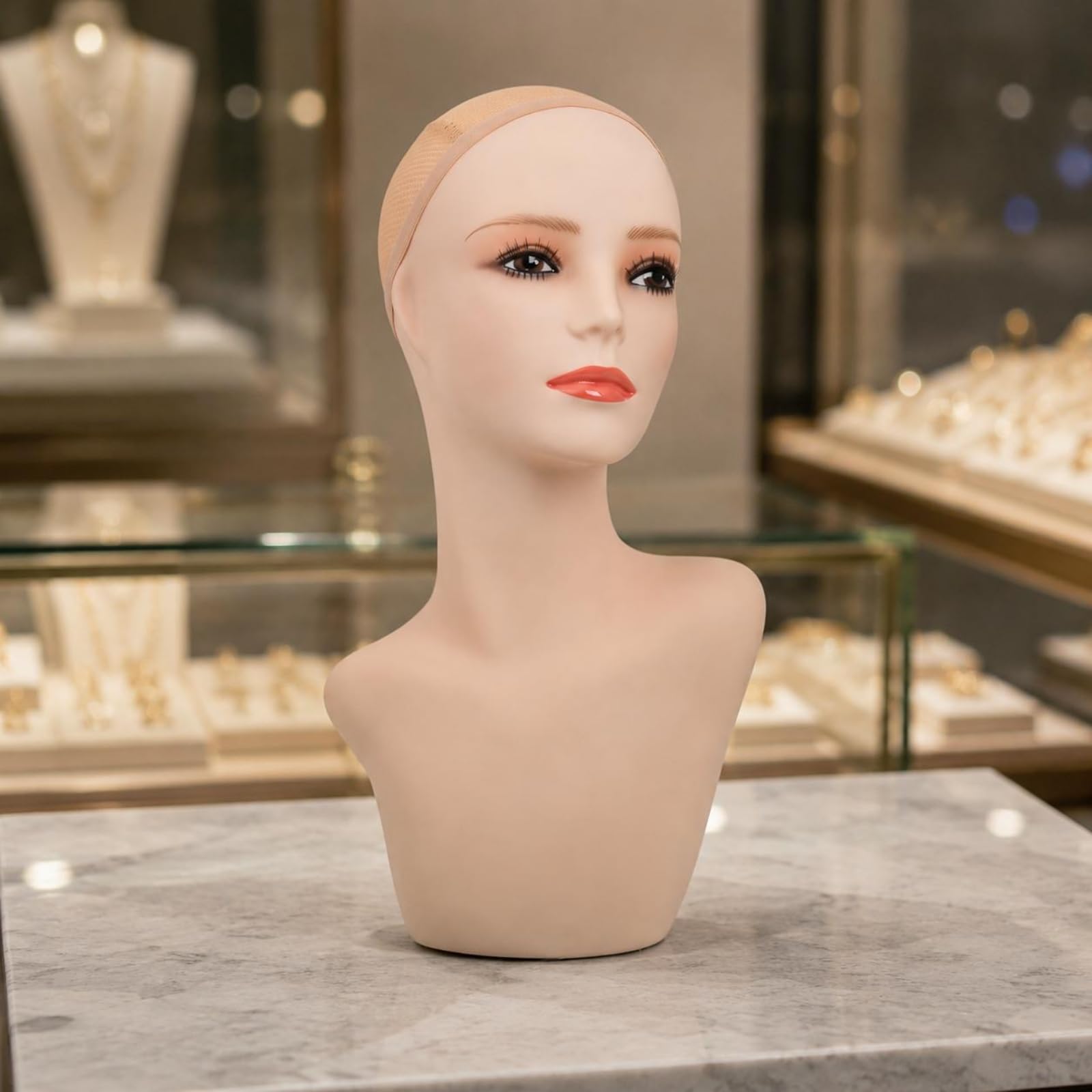 Testa per Parrucca Manichino da Esposizione con Testa Collo E Materiale PVC Opaco Cappellino in Tessuto per Messa Parrucche E Mostra Gioielli Adatta per Salone Vetrina , 40cm