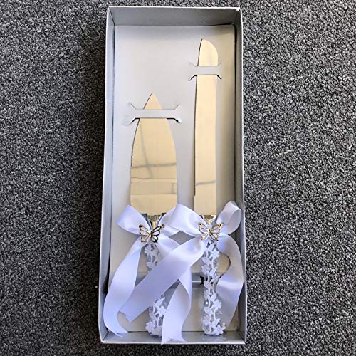 Abbie Home Wedding Cake Knife And Server Set - Flower Wrapped Handle With Silk Bow And Rhinestone Jewelry Décor (Butterfly) #TOP5