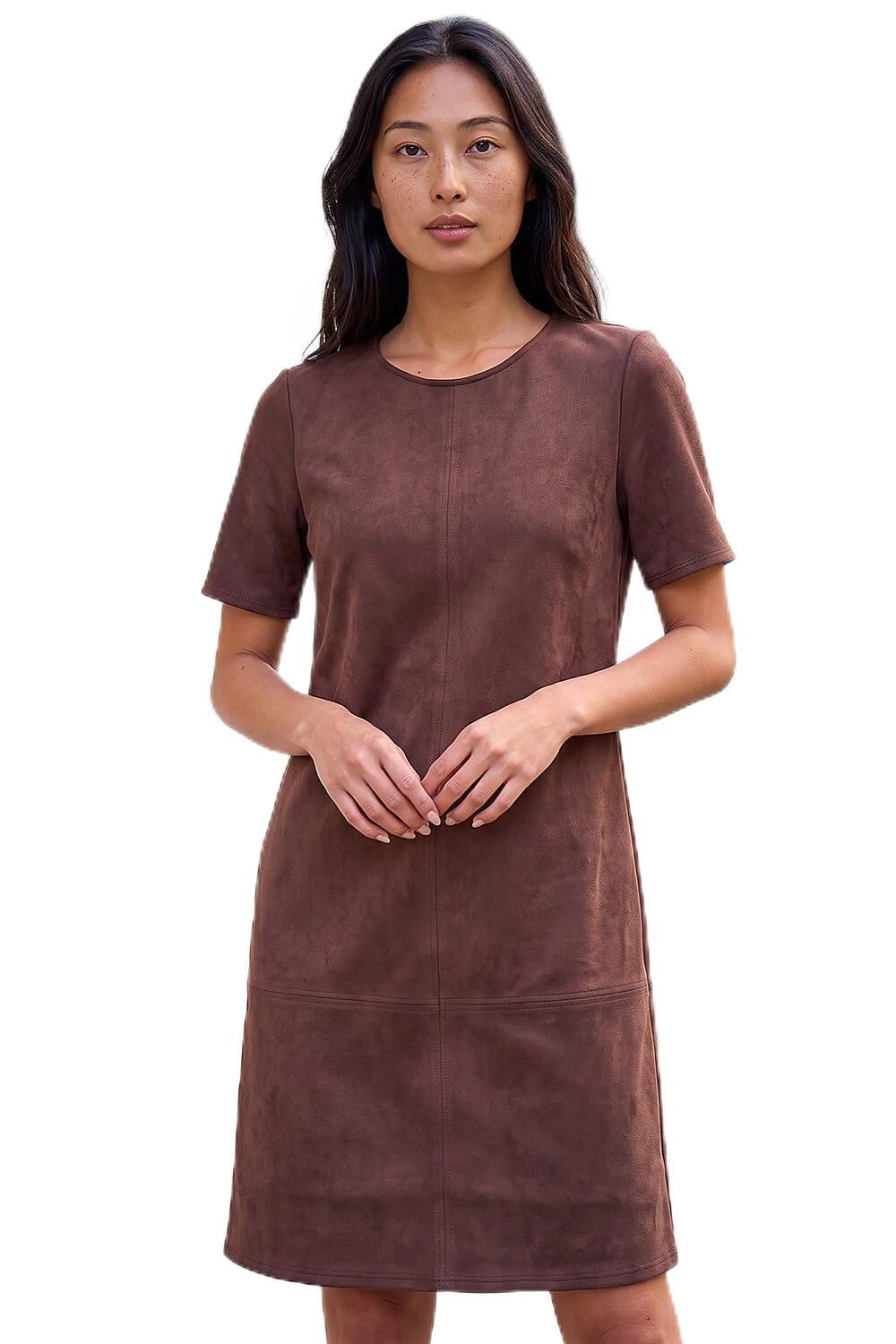 Roman Women's Chocolate Petite Premium Stretch Suede Shift Dress In | : Size 18