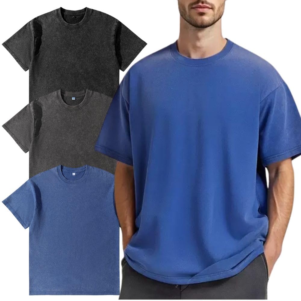 Herren Oversized T-Shirt 3er Pack Herren Basic Baumwolle T-Shirt Sommer Retro Washed Top Unisex Mode Hip Hop Vintage Casual Tee Shirts