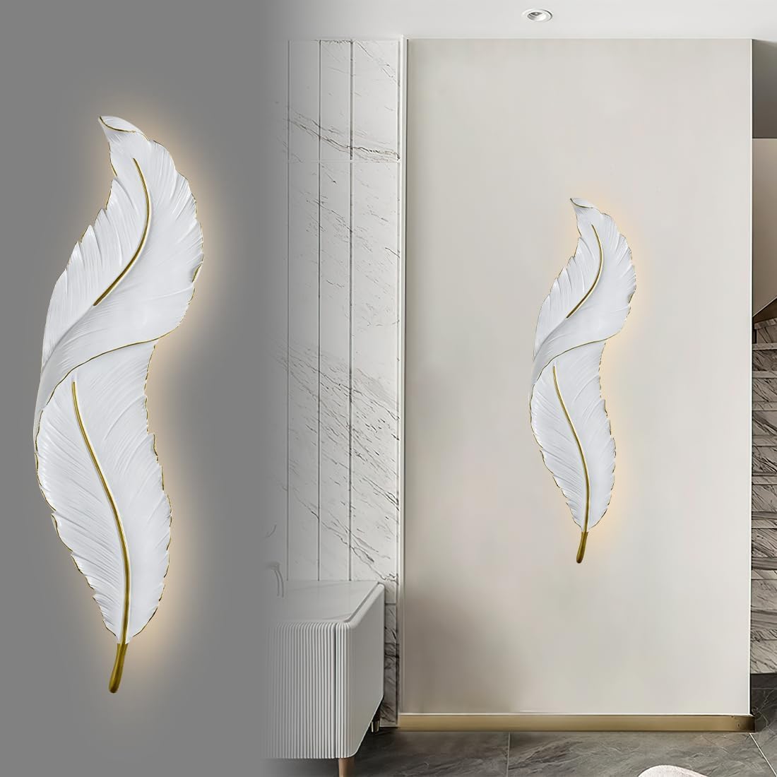 LED Wall Lighting White Feather Wall Sconce Lamp 3 Color Temperature & 3 Brightness Level Modern Resin Light Fixtures for Hallway Entryway Living Room (Large)