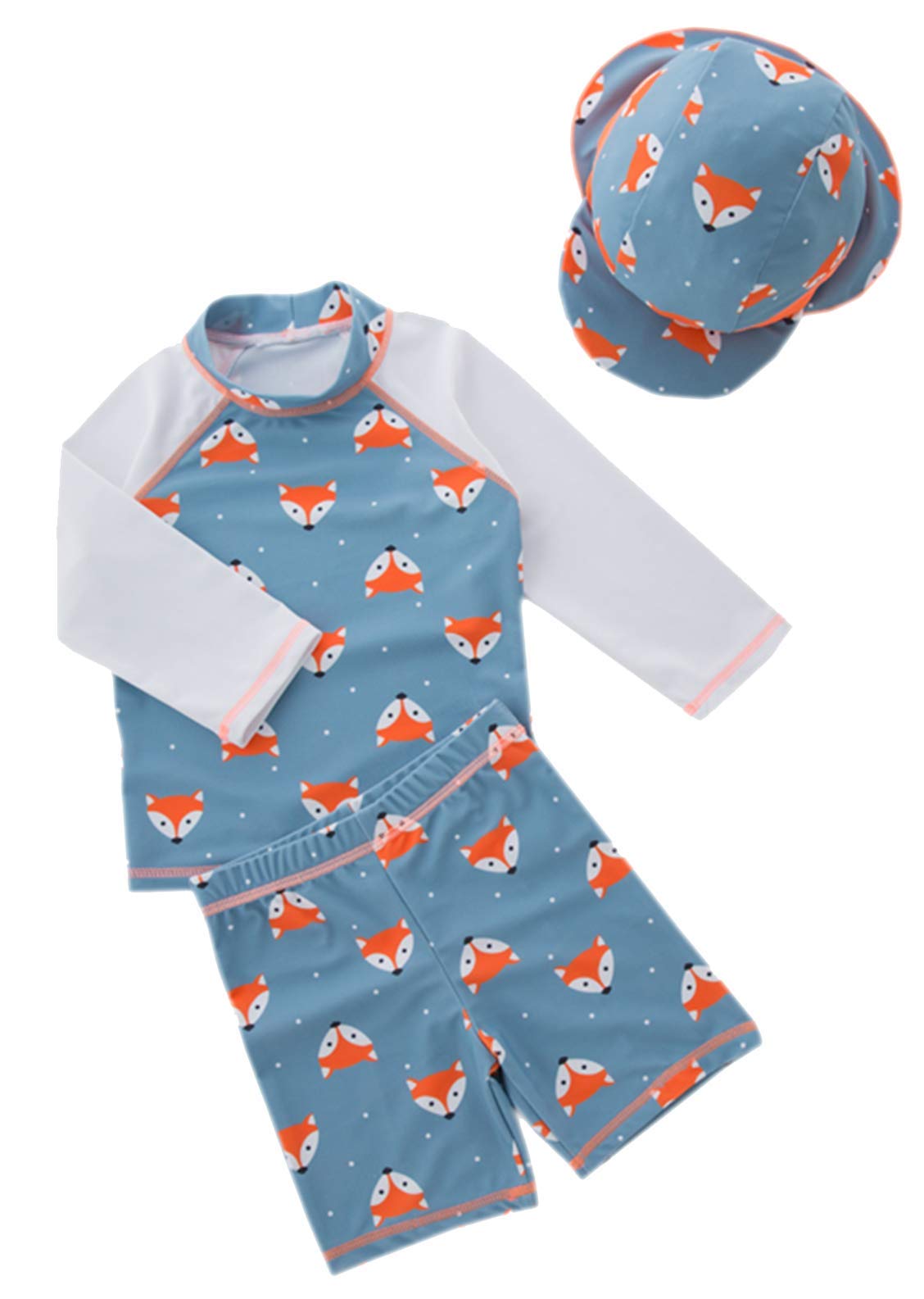 stylesilove Boys Little Fox Rash Guard and Swim Shorts with Sun Hat 3pcs Swimsuit Beach Swimwear (2T)