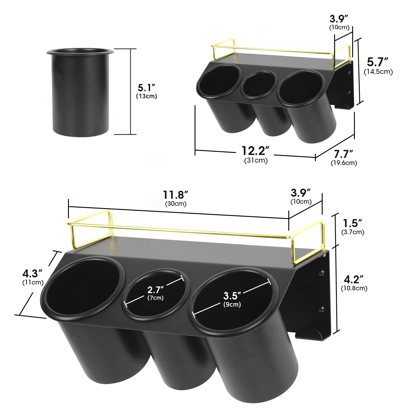 J JACKCUBE DESIGN Supporto da parete per asciugacapelli da bagno, accessori per lo styling dei capelli, 3 tazze, organizer con ripiano in acciaio nero dorato MK1002A (nero)