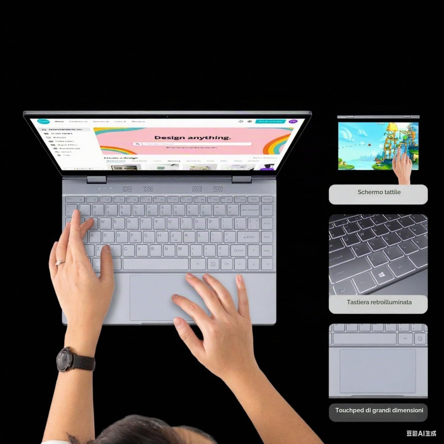 BMAX PC Portatile Touchscreen 2 in 1 Notebook 12GB RAM 512GB SSD Celeron N5100 Girevole a 360° da 13,3 Pollici, Tastiera Retroilluminata 1920x1080 5G WiFi BT4.2 Type Cx2 Film per Tastiera Italiana