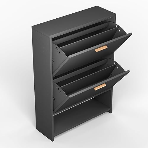 Miniatura 6 de Zapatero de ratán con 2 cajones abatibles, moderno zapatero de 2 niveles para tacones, botas, pantuflas, zapatero de pie libre para sala de estar,